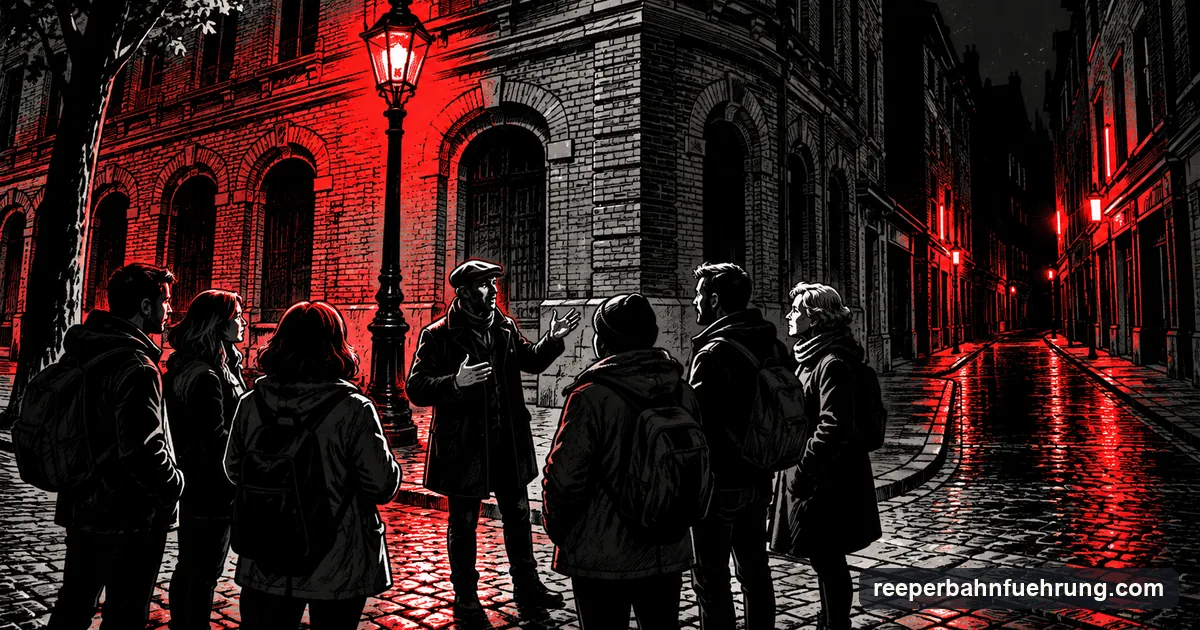 Ein Guide erzählt einer Gruppe an einer Straßenecke auf St. Pauli die Geschichte der Herbertstraße, im Stil eines Noir-Comics