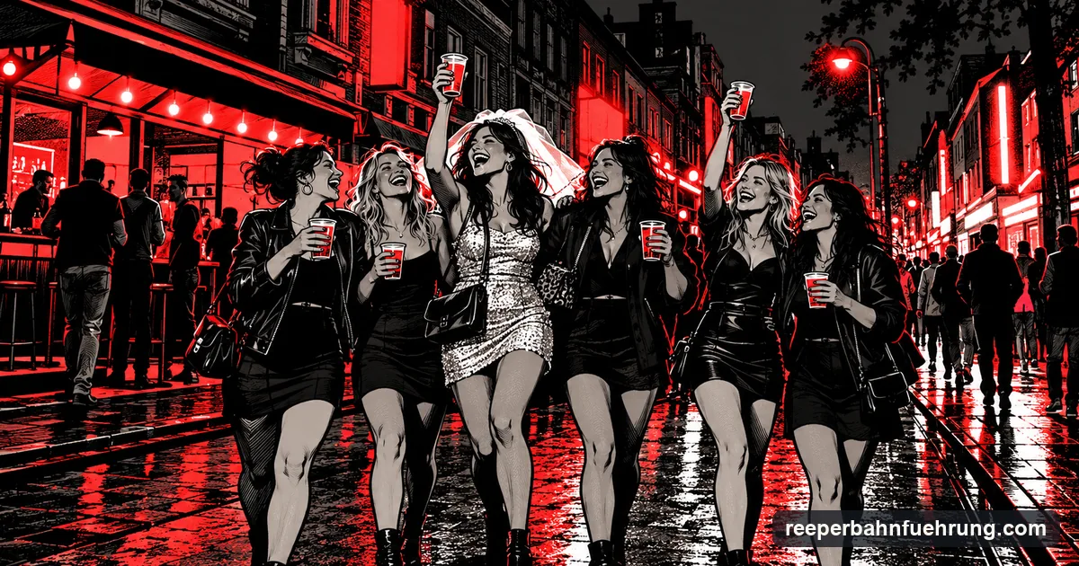 Junggesellinnenabschied auf der Reeperbahn: eine Gruppe feiert mit der Braut im Schleier, im Stil eines Noir-Comics