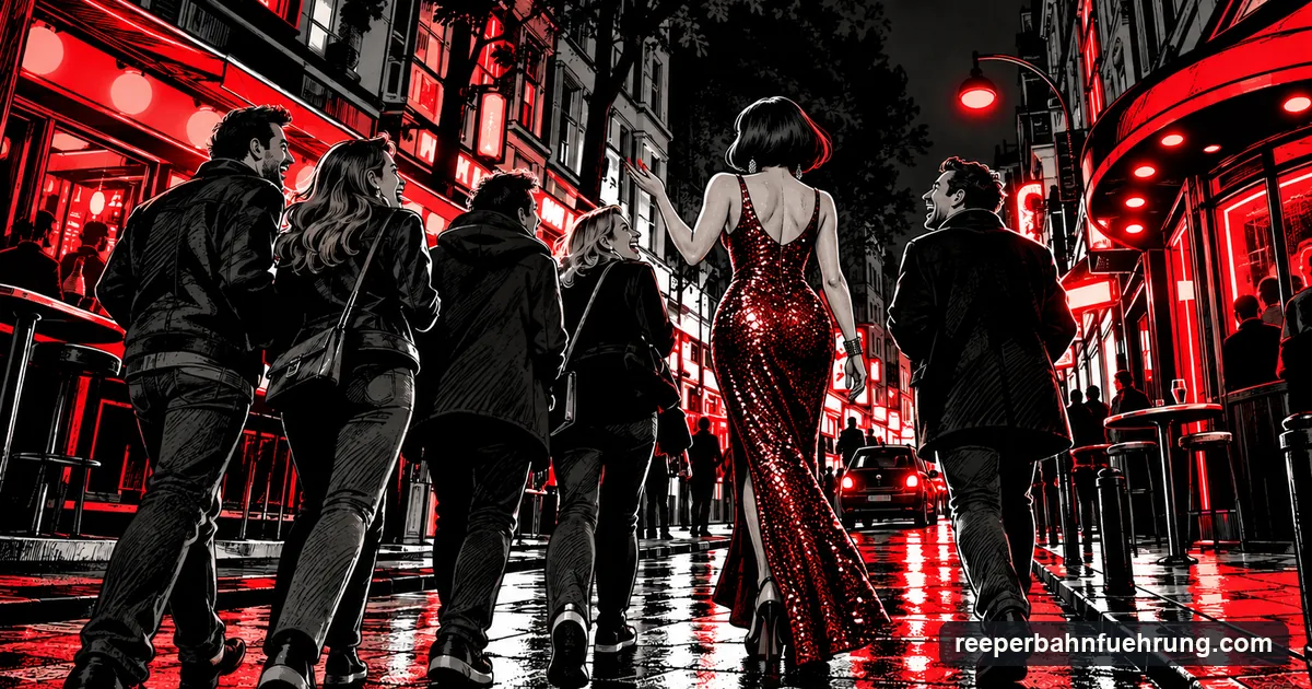 Eine Drag Queen führt eine lachende Gruppe über die Große Freiheit, Kieztour im Stil eines Noir-Comics