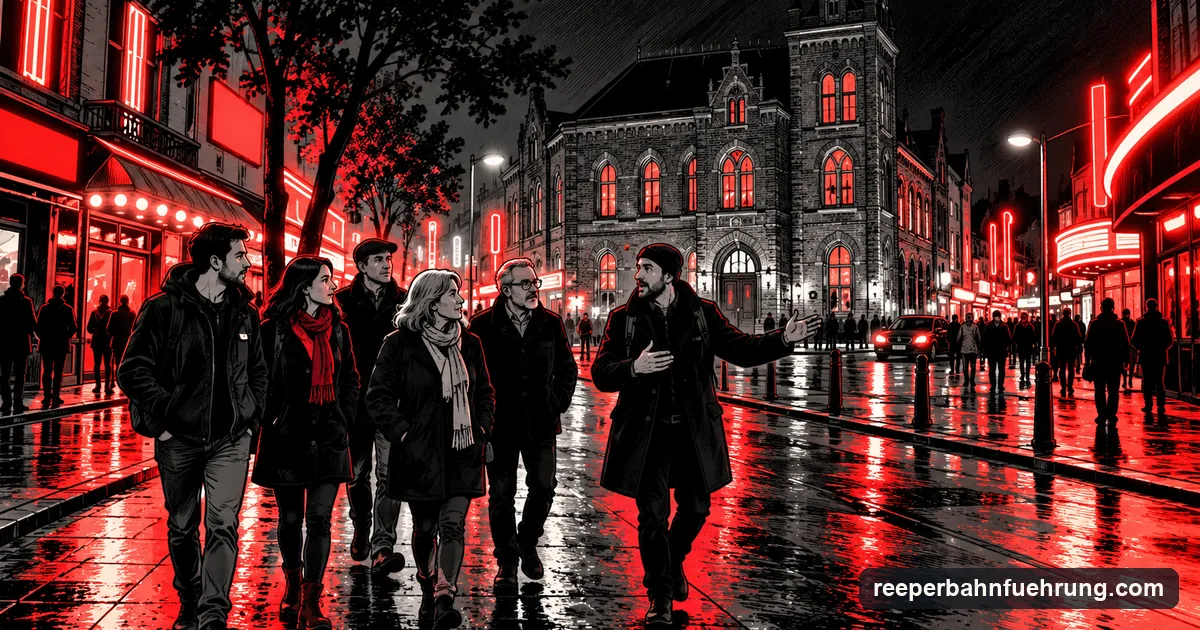 Reeperbahn Führung bei Nacht: ein Guide führt eine kleine Gruppe über die Reeperbahn in Hamburg, im Stil eines Noir-Comics